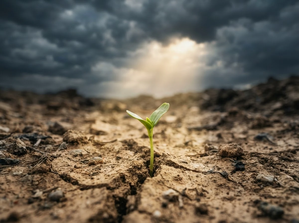 Broto verde nascendo em terra rachada sob céu tempestuoso, simbolizando resiliência diante do caos.