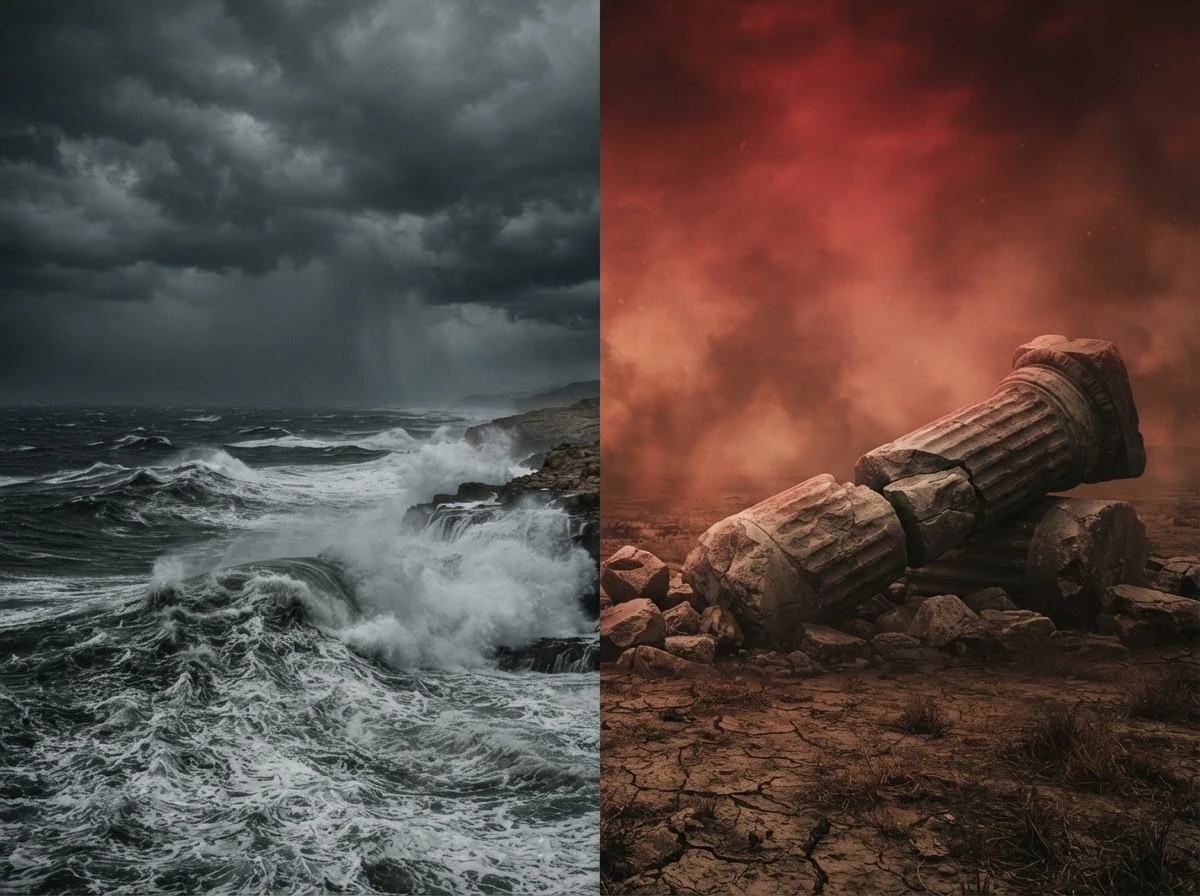 Composição simbólica contrastando ondas de tempestade e uma peça de xadrez quebrada, representando fenômeno natural e guerra.