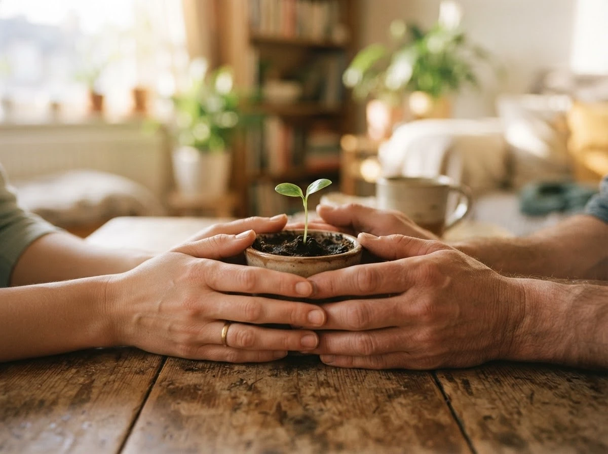 Mãos cuidando de uma muda de planta, simbolizando o instinto de nutrir no sonho
