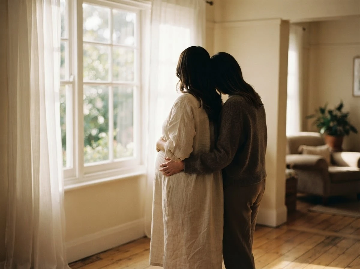 Duas silhuetas femininas próximas em luz suave, representando o vínculo afetivo do sonho com amiga grávida